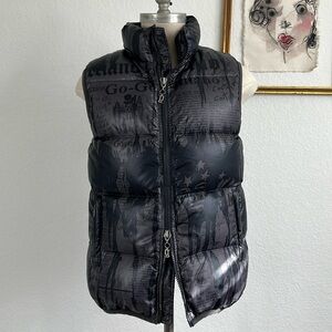 John Galliano Gazette News Paper Down Vest Rare IT 50 Dual Zip Puffer Quilted